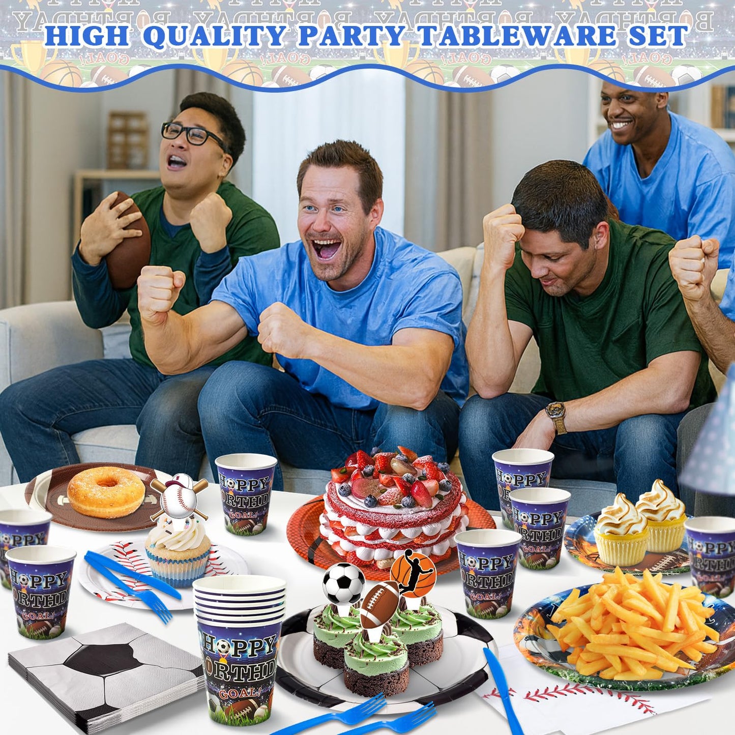 244 Pcs Sports Birthday Party Decorations - Serve 30, All in One Football Basketball Baseball Soccer Party Supplies Kit with Banner, Plates, Napkins, Balloons, Tableware for Boys Sports Themed Party