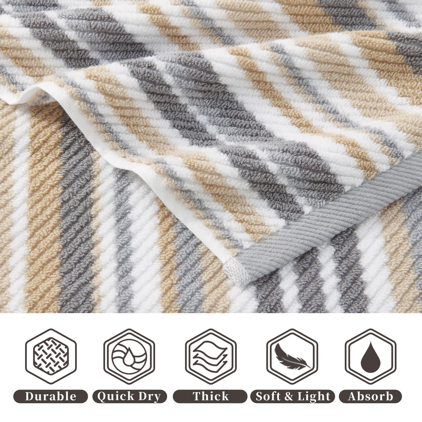 Beige Striped Hand Towels, Bathroom Hand Towels Set of 4, 16"x27" - 100% Cotton | Quick Dry | Absorbent | Light Weight, Soft Towel Set for Showering & Guest, Luxury Towel Gift, Tan and Gray