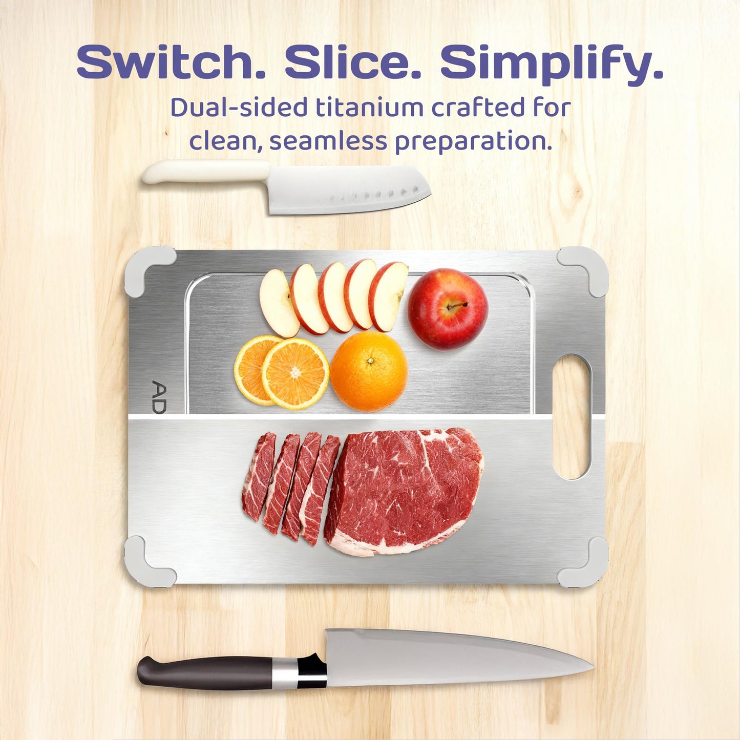 Adivo 100% Pure Titanium Cutting Board for Kitchen, Double-Sided Titanium Cutting Board with Juice Groove, Easy to Clean Metal Chopping Board for Meat Vegetables Fruit, Dishwasher Safe (15.3x11) Large