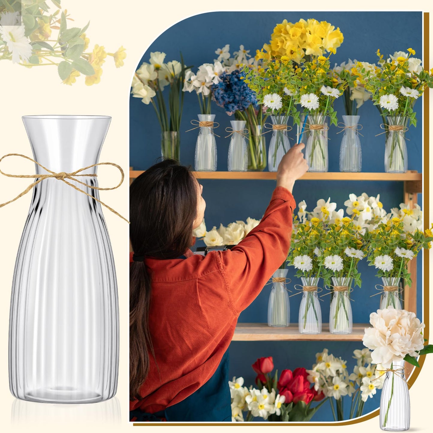 Ninehaoou 20 Pcs Plastic Flower Bud Vases Bulk with Twines Ropes Small Mini Flower Vases for Centerpieces Decorative Plastic Bottles for Wedding Reception Dining Table Home Decoration (Transparent)