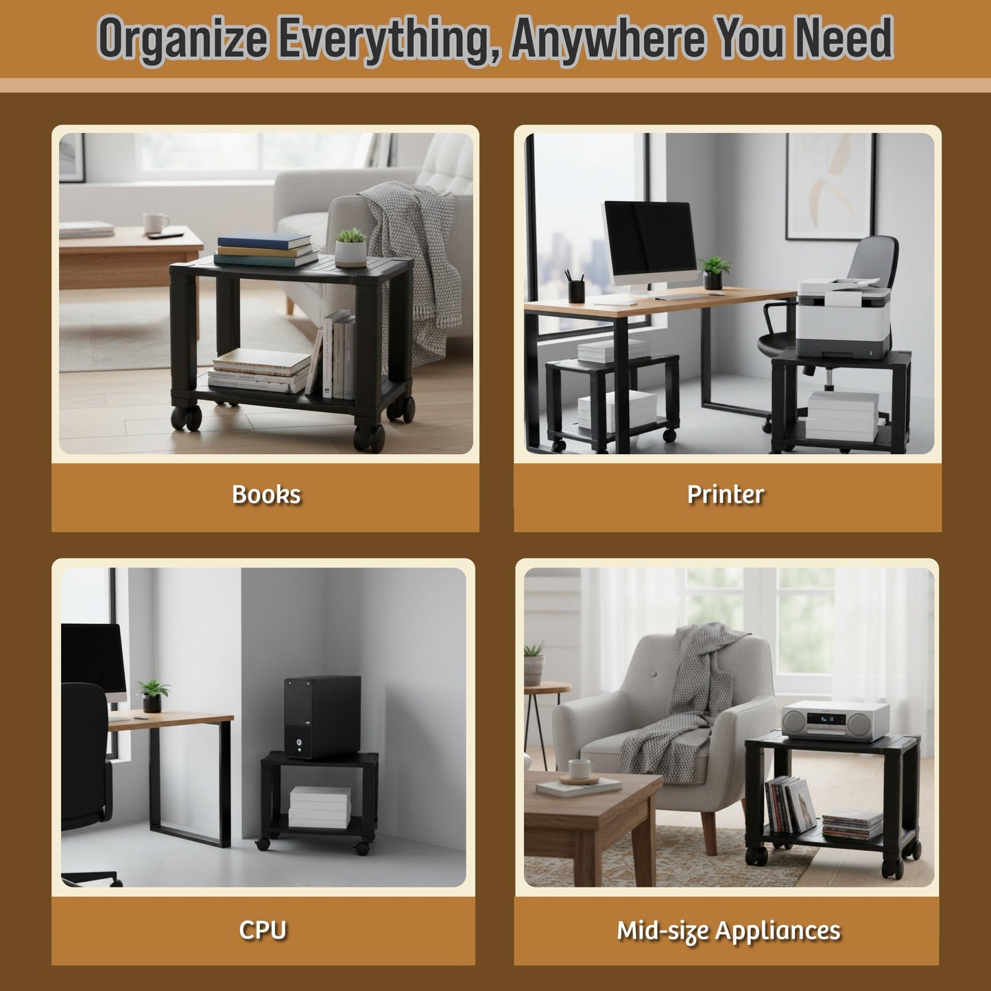 Home-Complete Printer Stand-2-Tier Under Desk Table for Fax, Scanner, Printer, Office Supplies-Compact and Mobile with Wheels for Portable Storage