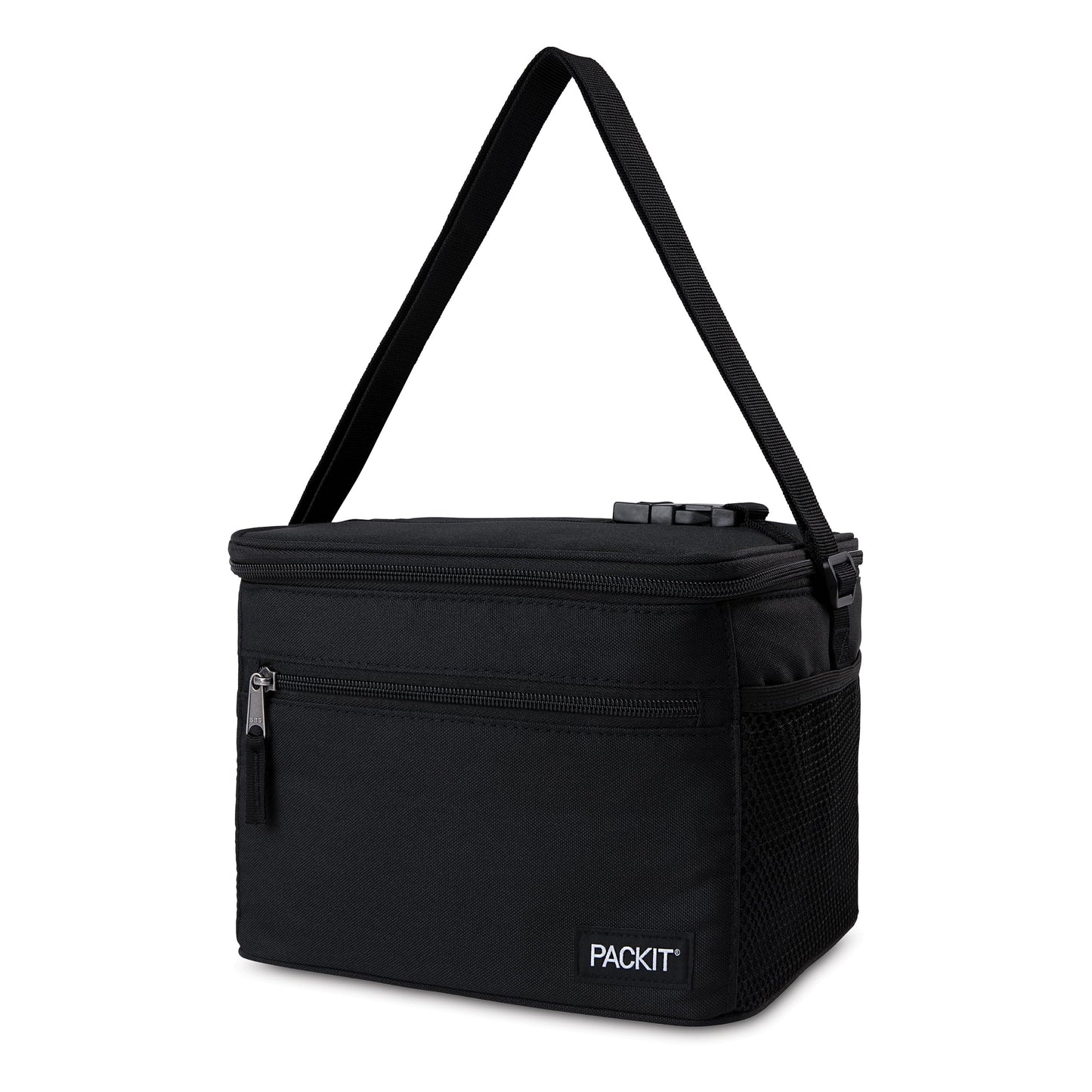 PackIt Freezable Essential Lunch Cooler, Black, Built with EcoFreeze Technology, Fully Freezable, Collapsible, Reusable, With Adjustable Crossbody Strap, Top Clip Handle, Designed for Fresh Office