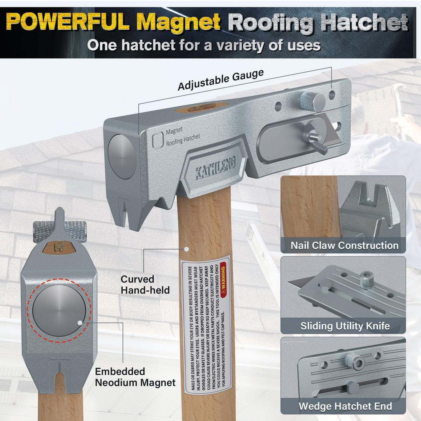 Magnetic Roofing Hatchet – Multi-Function Hammer for Roof Repair with Strong Magnet, Sliding Gauge, Built-in Utility Knife, and Nail Claw