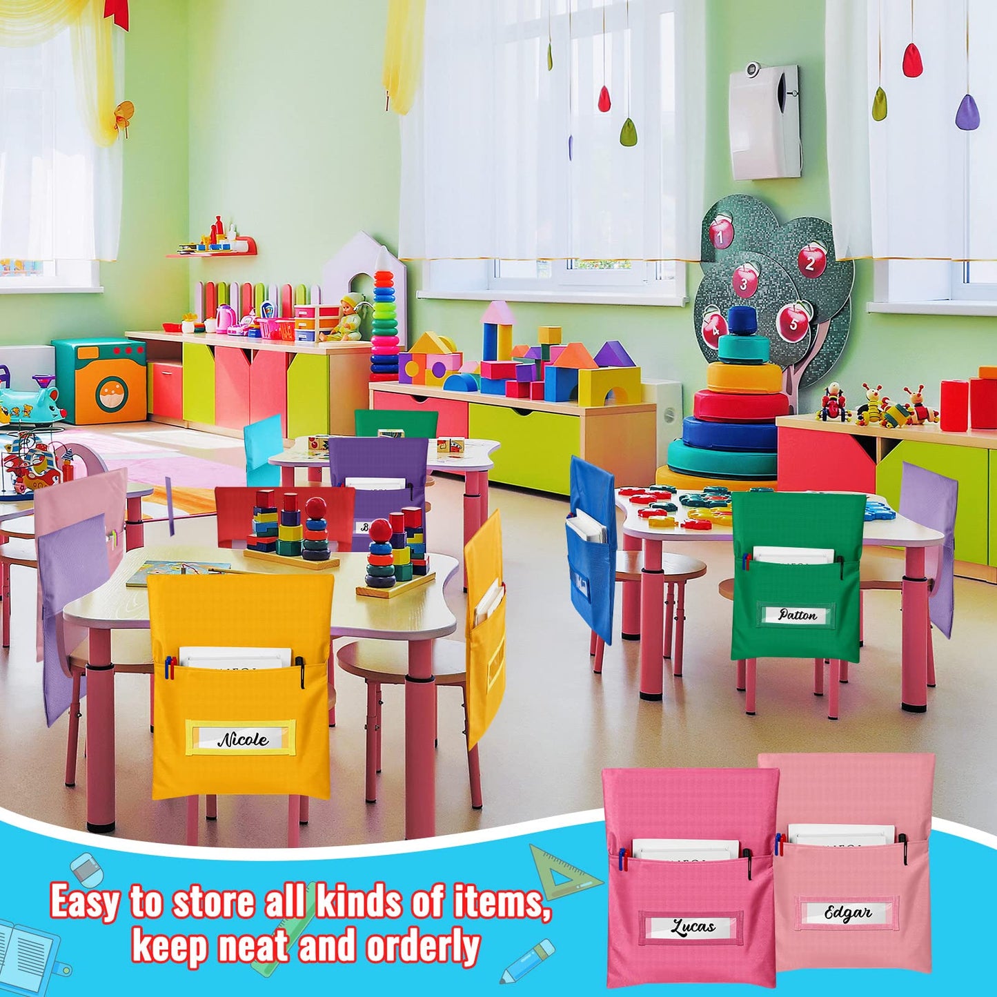 Chapou Chair Pockets for Classroom Chairback Pocket Chart 14 x 18 Inch Desk Organizer Pocket Chair Bag for Seat School Classroom (Classic,Bright,24 Pcs)