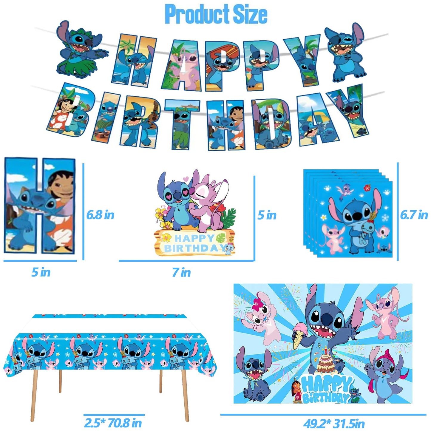 Higyther For Stitch Birthday Party Supplies Set, 123 Pieces, Party Decoration Kit with Banner, Balloons, Plates, Backdrop, Hanging Swirls，Cupcake Topper，Blue