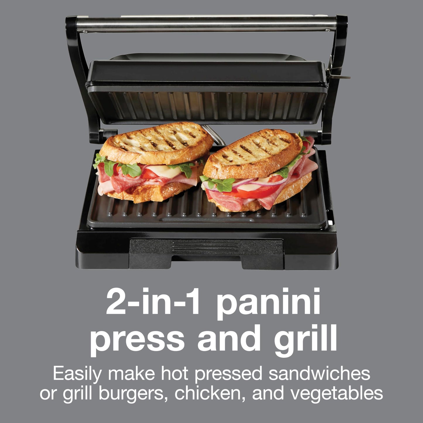 Proctor Silex-Panini Press Sandwich Maker and Electric Indoor Grill, Easy Clean PFAS-Free Nonstick Grids, Compact Upright Storage, Black (25440MN)