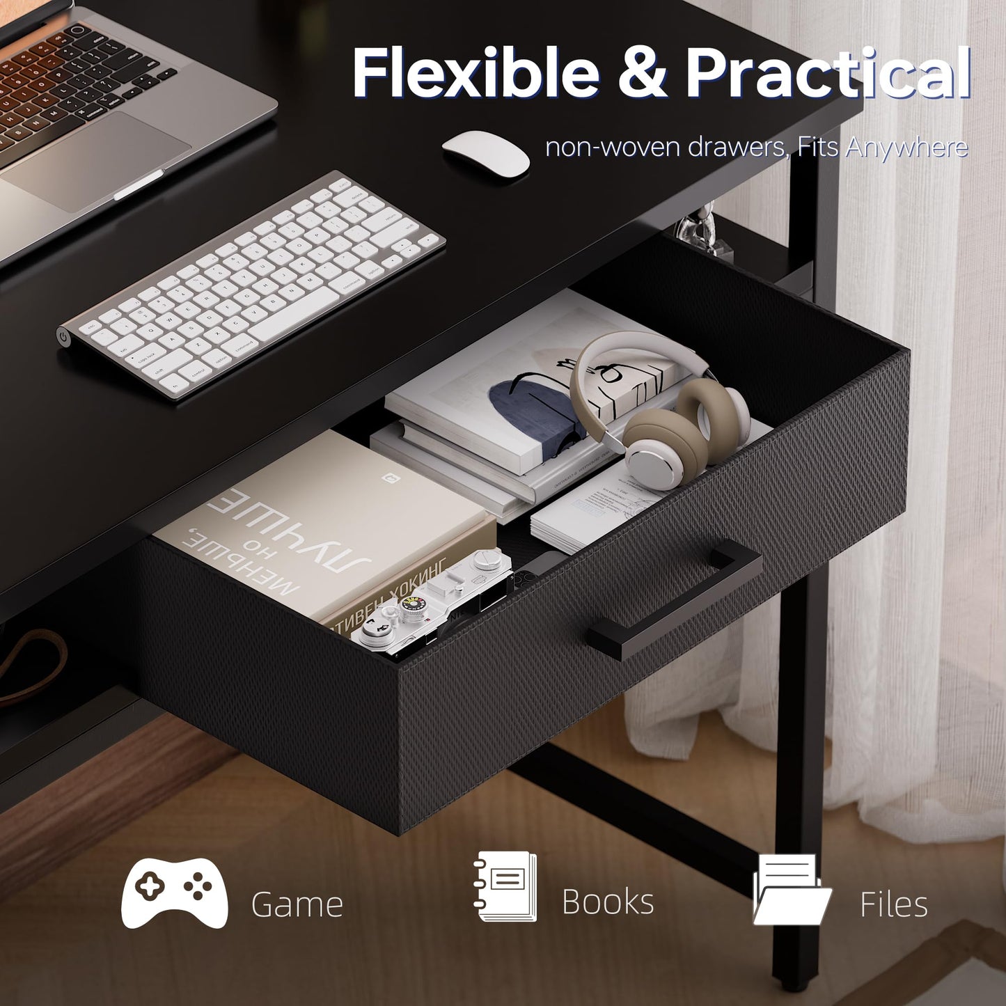 Pamray 32 Inch Small Computer Desk with Drawer and Shelves Simple Study Work Table for Bedroom Black