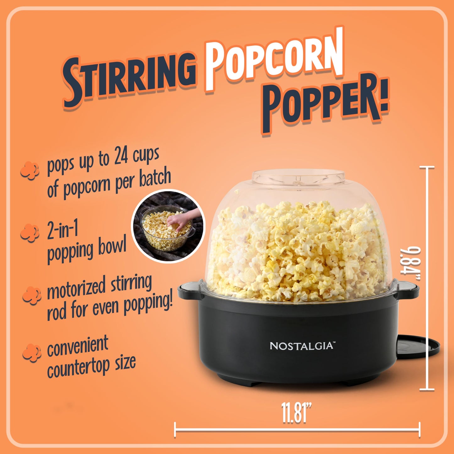 Nostalgia Classic Electric Stirring Popcorn Maker, Makes 8 Cups, Large Lid Doubles as Serving Bowl, Quick Heat Technology, for Kettle Corn and Roasted Nuts, Black