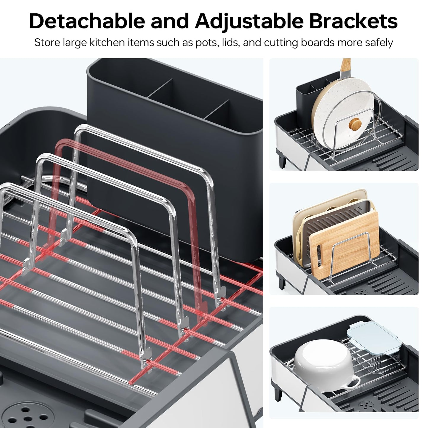 Urackify Large Dish Drying Rack - Triple Expandable Dish Rack for Kitchen Counter, Stainless Steel Sink Organization and Storage Essentials with Utensil & Pans Holder for Home and Appartment, Gray