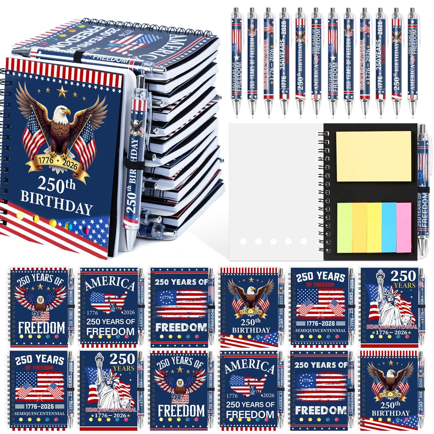 24 Sets/ 48 Pcs 250th Anniversary Spiral Notepads Bulk 4th of July Souvenir Notebooks and Ballpoint Pens Patriotic USA Gifts for 250 Anniversary USA Independence Memorial Day Office Party Supplies