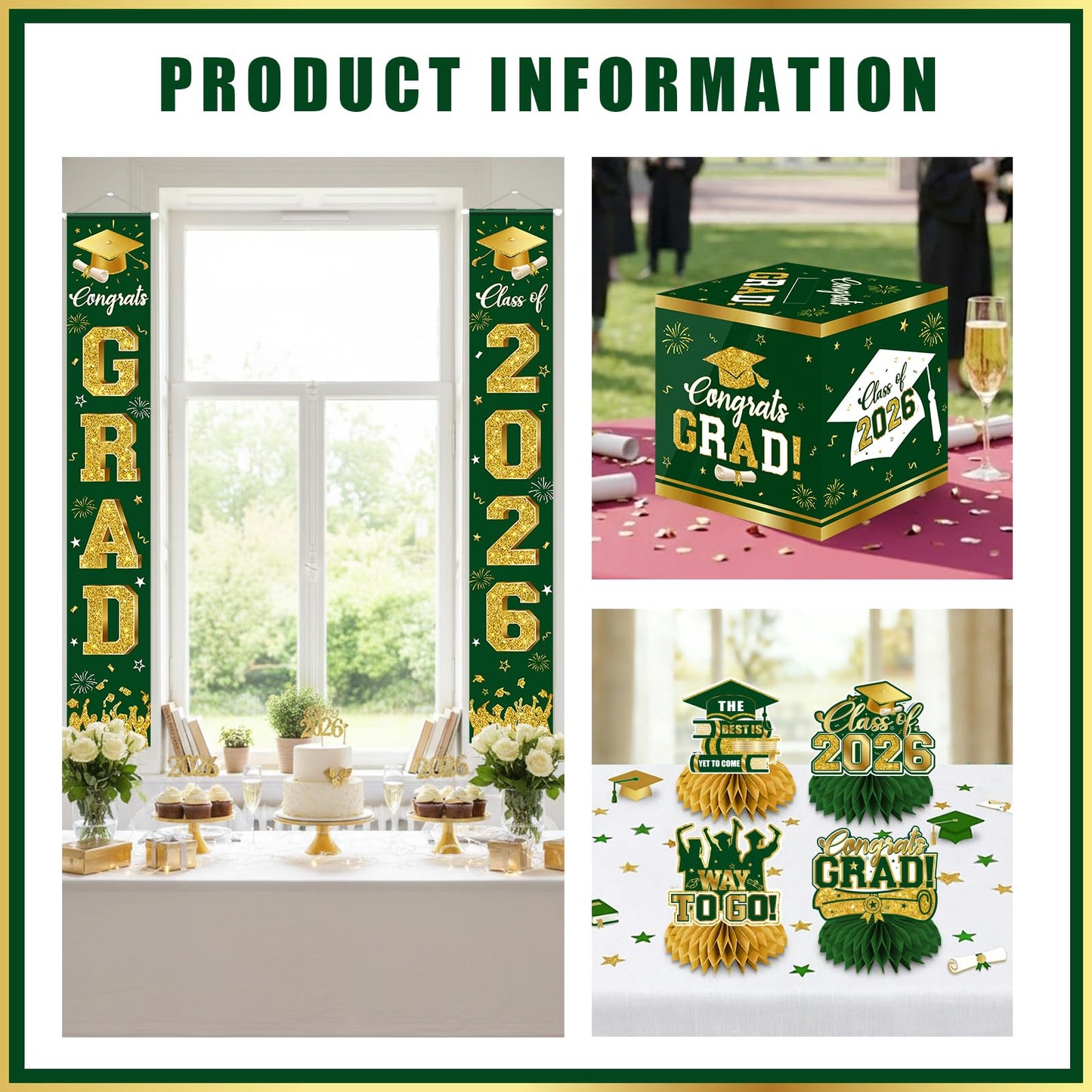 2026 Graduation Decorations - Green Congrats Grad Party Supplies include Card Box, Backdrop, Banner and Balloons for Class of 2026 Decorations Set