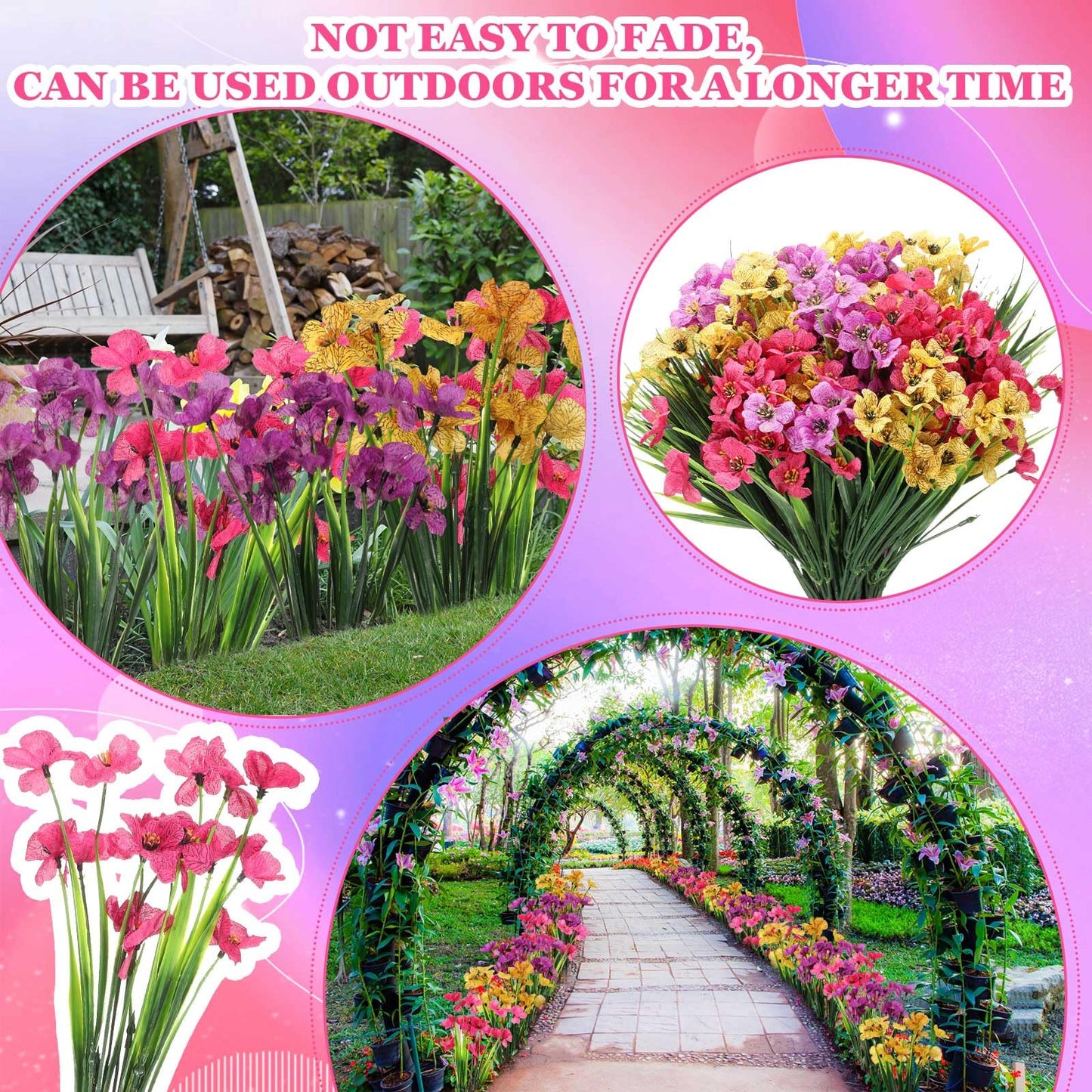 Lyrow 100 Bundles Violet Artificial Flowers, UV Resistant Faux Flowers Outdoor, Faux Silk Flowers, Fake Violet Flowers Bulk for Front Porch Hanging Garden Courtyard Farmhouse Home(Colorful)