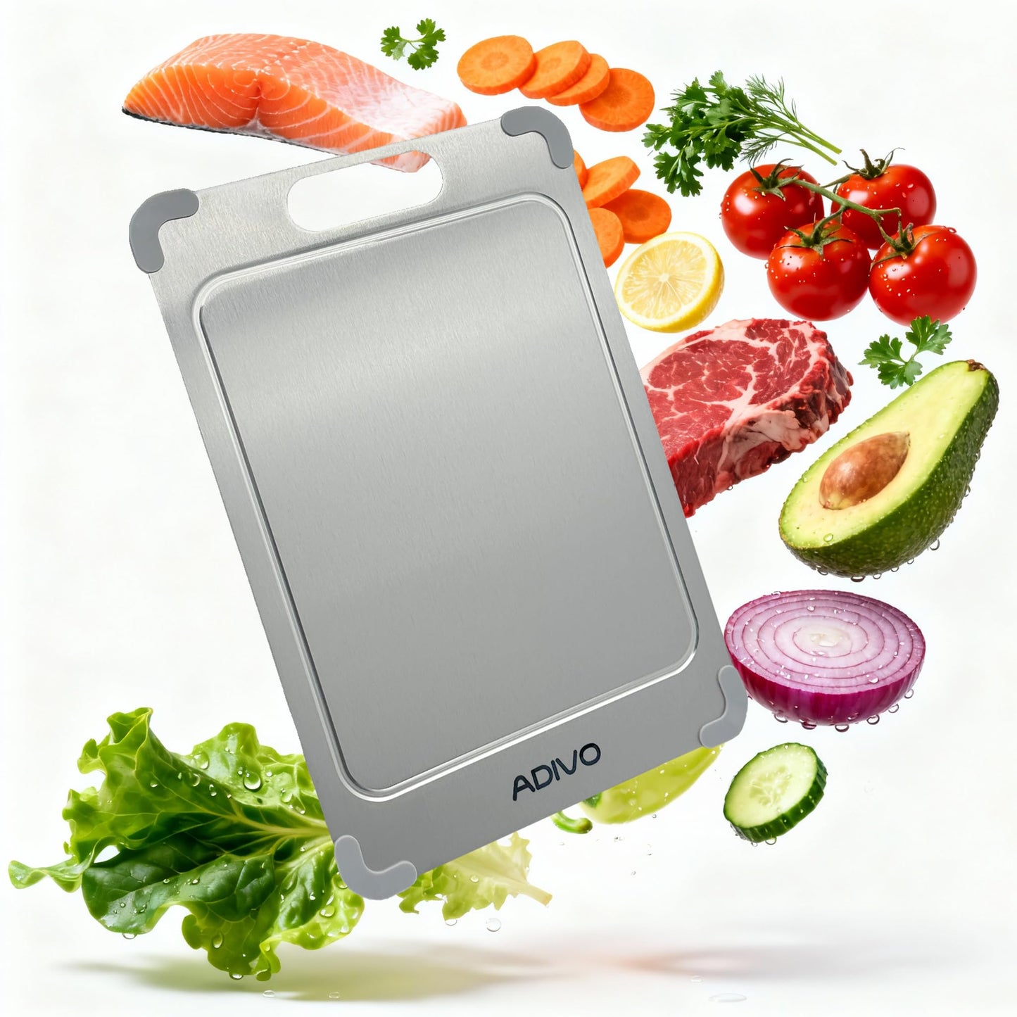Adivo 100% Pure Titanium Cutting Board for Kitchen, Double-Sided Titanium Cutting Board with Juice Groove, Easy to Clean Metal Chopping Board for Meat Vegetables Fruit, Dishwasher Safe (15.3x11) Large