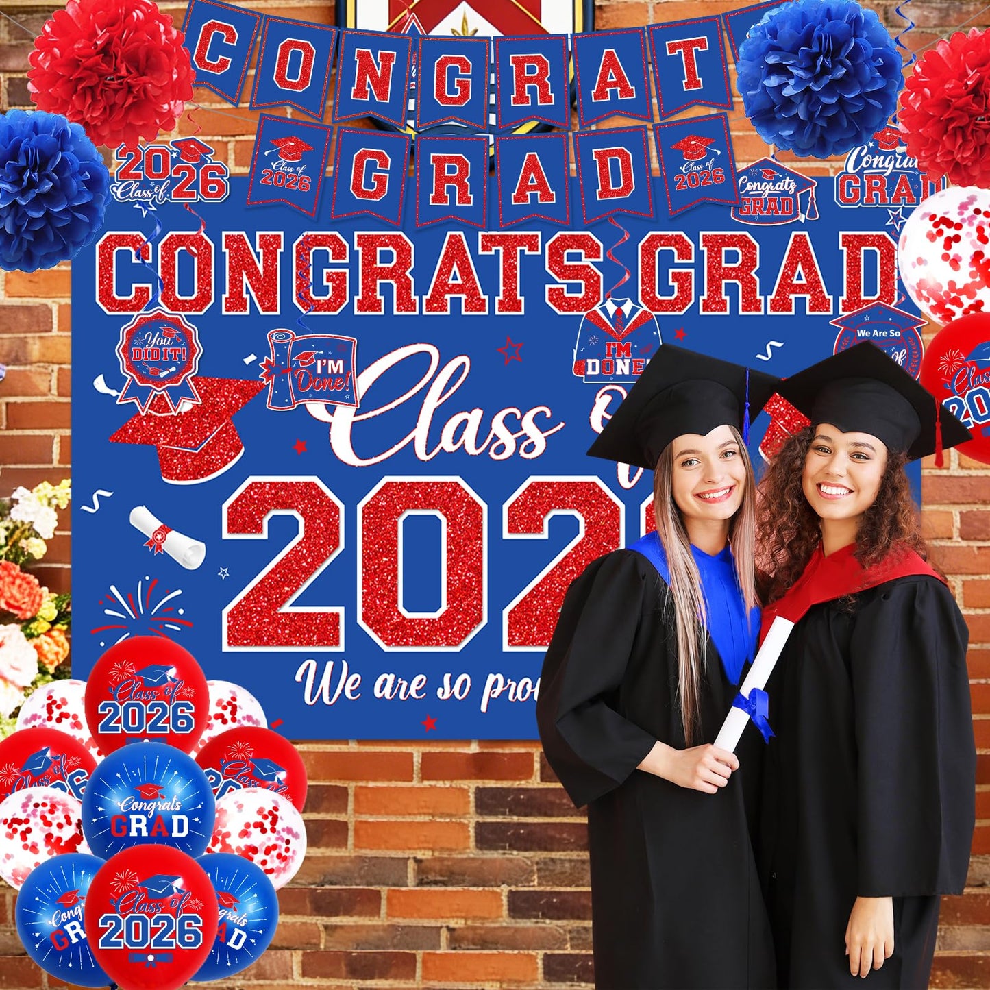 Graduation Decorations 2026 Congrats Grad Banner Kit with Class of 2026 Backdrop Porch Sign Hanging Swirls Honeycomb Centerpieces Balloons Box for Grad Party Decorations (Navy Blue-Red)