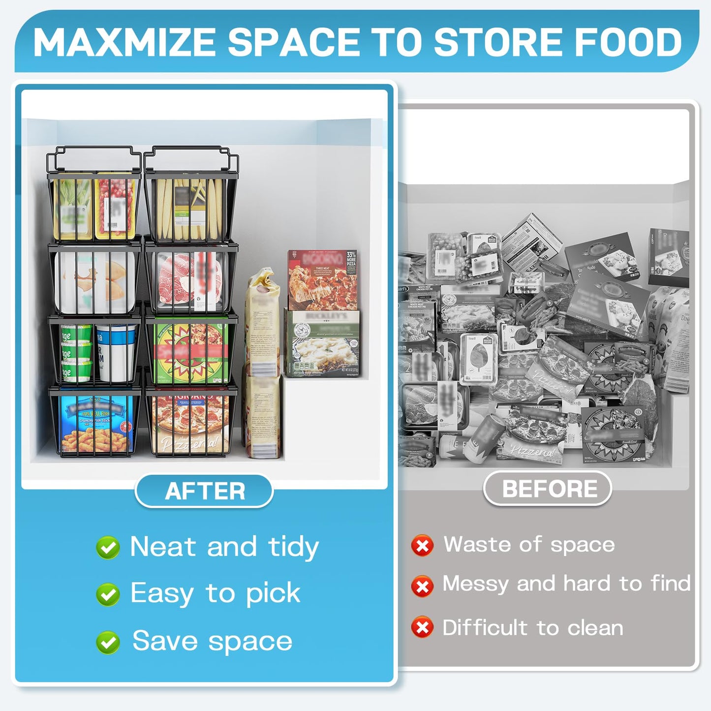 SUNALLY Freezer Organizer Bins, 8 Pack Stackable Chest Freezer Organizer for 5-7 Cu.FT Deep Freezer Sort Frozen Meats and Food, Freezer Storage Baskets with Handles Easy Reach from Bottom, Black