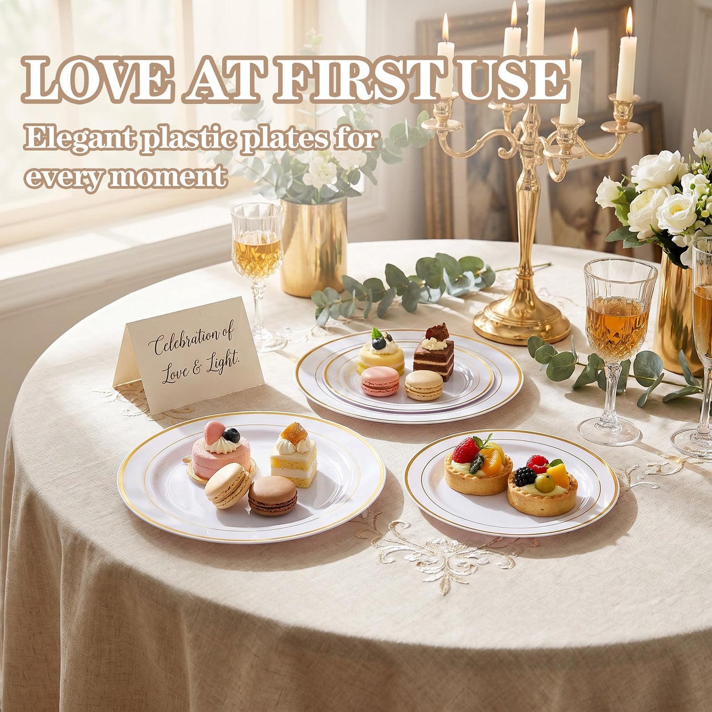 I00000 102 Pieces Gold Plastic Plates, Disposable Party Plates White Gold Rim, 51 Disposable Gold Dinner Plates 10.25 Inch and 51 Disposable Dessert Appetizer Elegant Fancy Wedding Plates 7.5 Inch