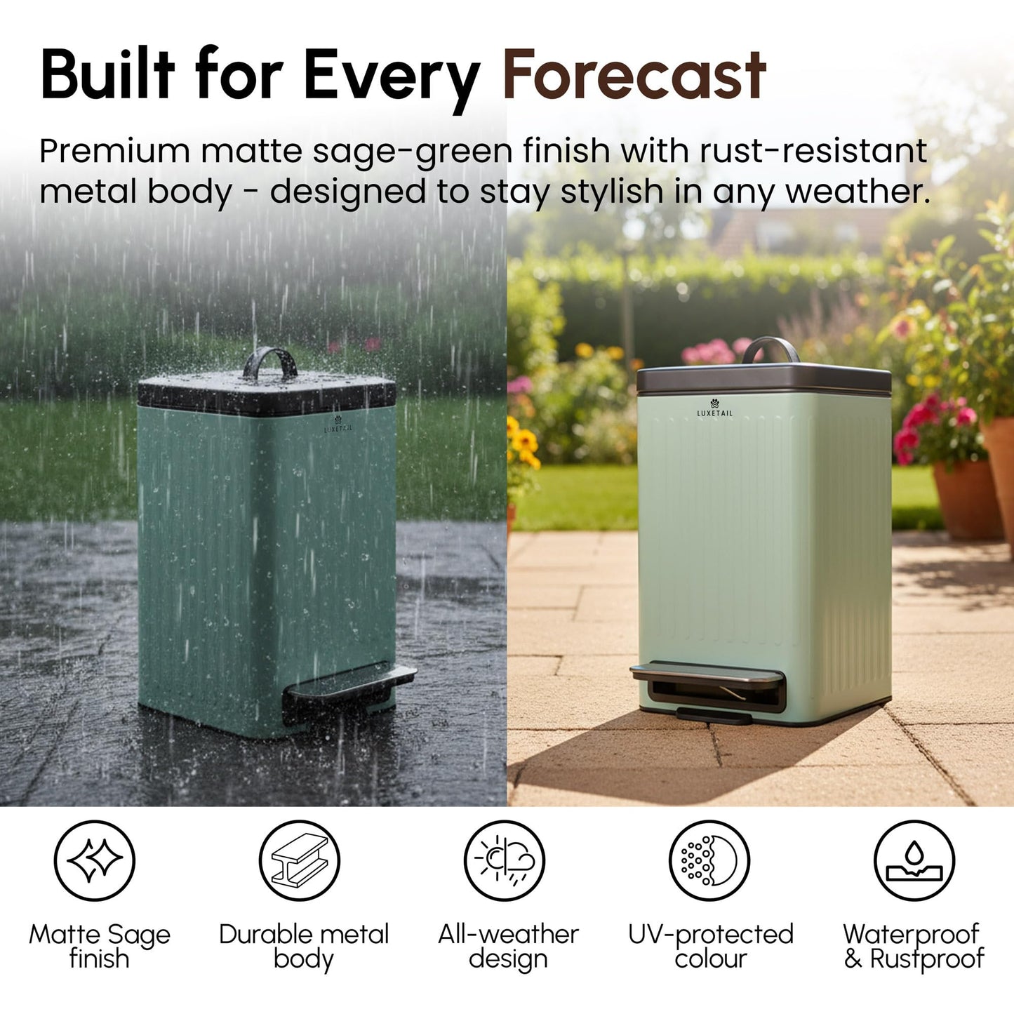 LUXETAIL Small Dog Poop Trash Can Outside – 6L/1.6 Gallon Dog Small Trash Can with Lid, Odor-Locking Carbon Filter System, Hands-Free Stainless Steel Pedal, Easy-Clean Removable Bucket, Sage Green