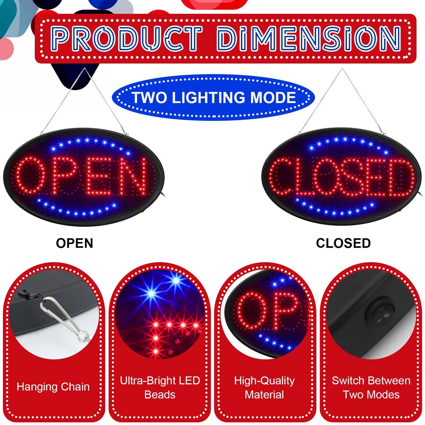 Kanayu 3 Pcs Closed Open LED Neon Sign and Push Pull Stickers Sign Set 23 x 14 Inch Open Closed Electronic Advertisement Display 5 x 2 Inch Vinyl Push Pull Vertical Decal Self Adhesive for Shop Bar