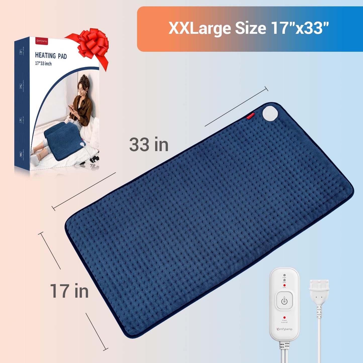 Comfytemp Extra Large Heating Pad for Back & Period, 33''x 17'' Electric Heating Pads for Neck/Shoulder, FSA Eligible Electric Throw, Mothers Day Gifts for Mom Women, Machine Washable, Auto Shut Off