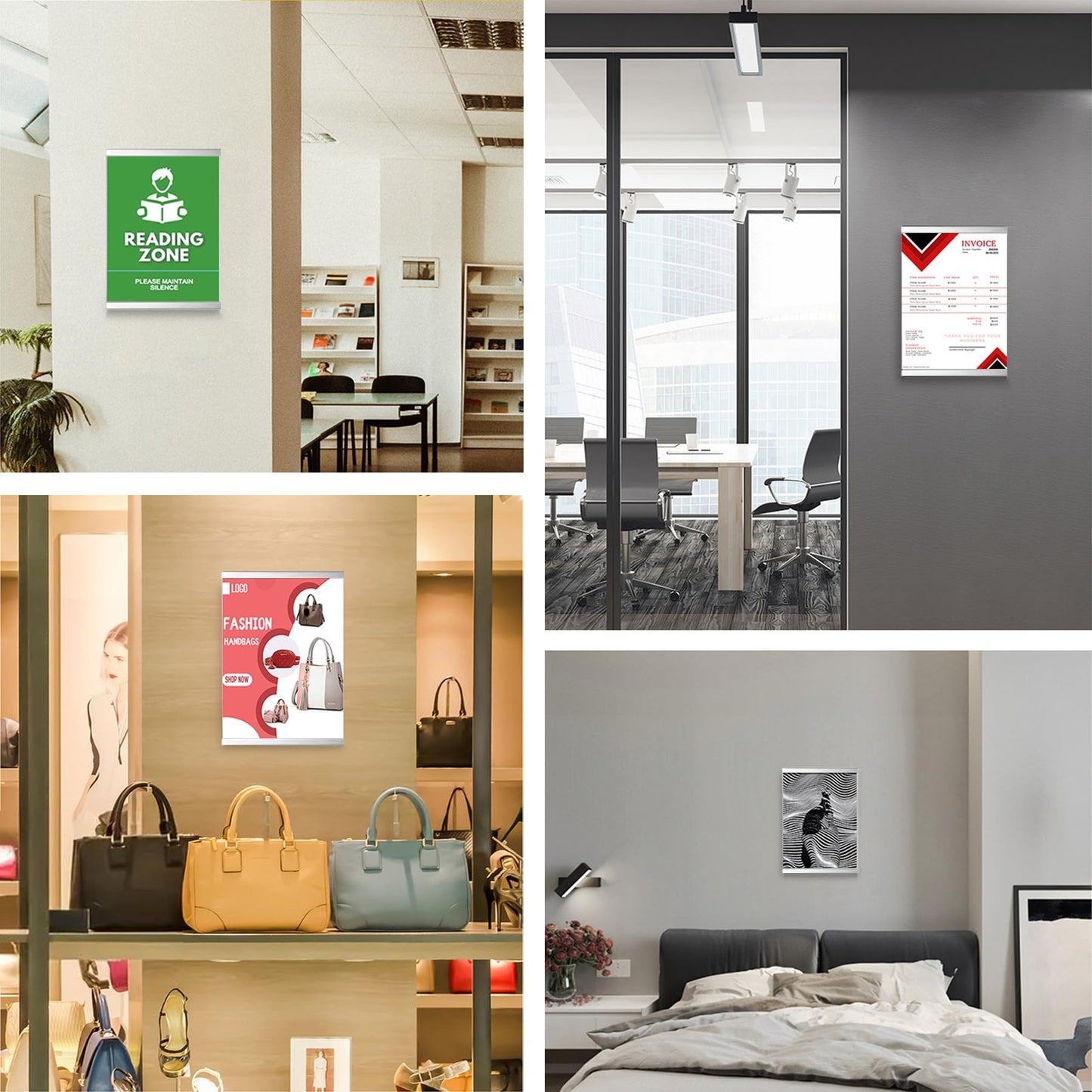 Golemas Acrylic Magnetic Sign Holder, Easy-Opening 8.5 x 11 Wall Mount Display Frames, Self Adhesive Back Plastic Clear Document Holder, Silver Aluminium Strips Frame (6Pack)