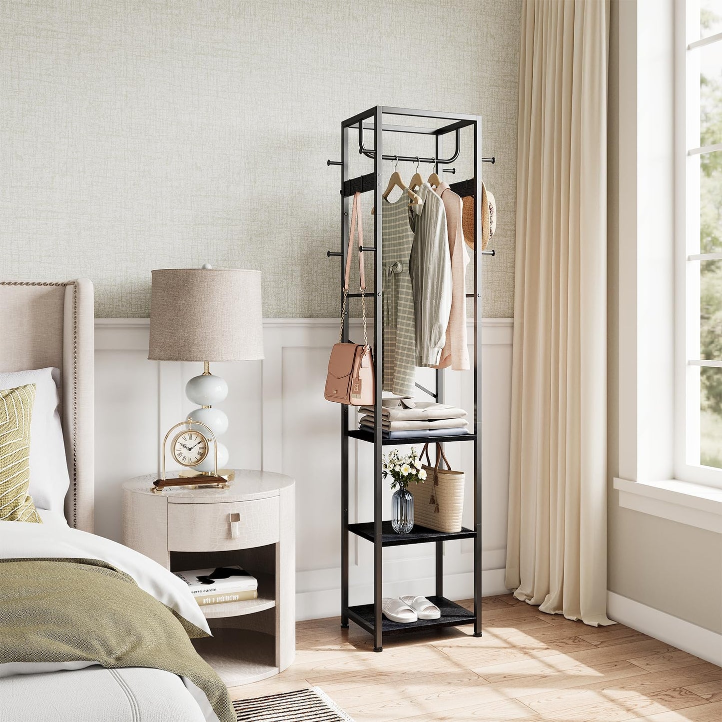 ELYKEN Coat Rack Freestanding, Hall Tree with 3 Storage Shelves and 12 Hooks, Metal Clothes Rack Stand Organizer for Bedroom, Hallway, Entryway, Office, Living Room, Black