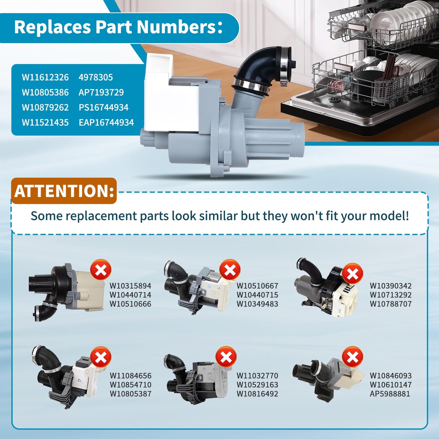 W11612326, W10805386 Dishwasher Circulation Pump Compatible with whirlpool, kenmore, amana: WDF330PAHB4 WDF330PAHS3 WDF330PAHS5 etc. Replace Dishwasher Pump W10879262, W11521435, AP7193729 etc