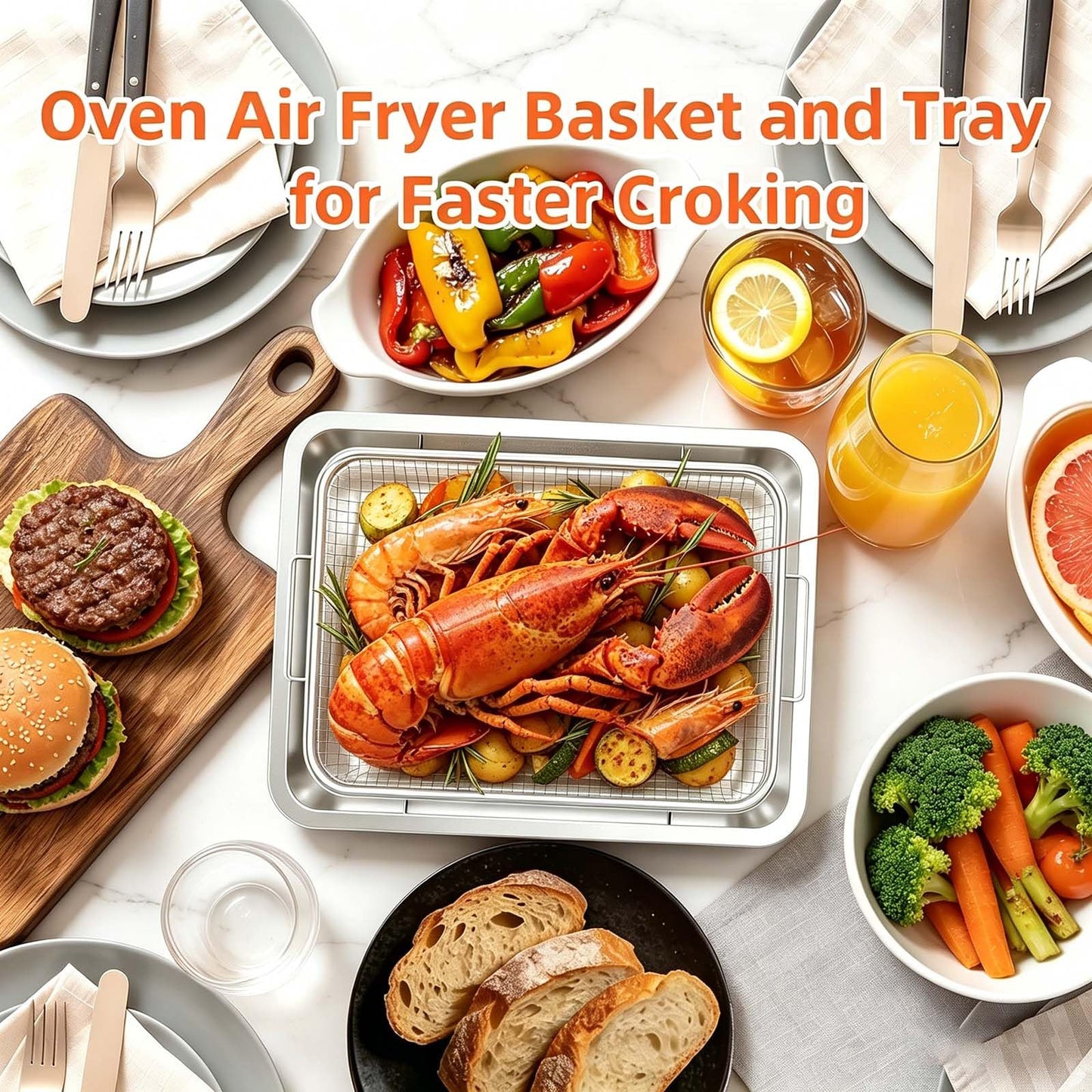 2 Set Oven Air Fryer Basket and Tray Replacement for Cuisinart Air Frye TOA-060 and TOA-065 Convection Oven, 12.4"x11" Stainless Steel Baking Sheet Pans and Mesh Basket, NonStick