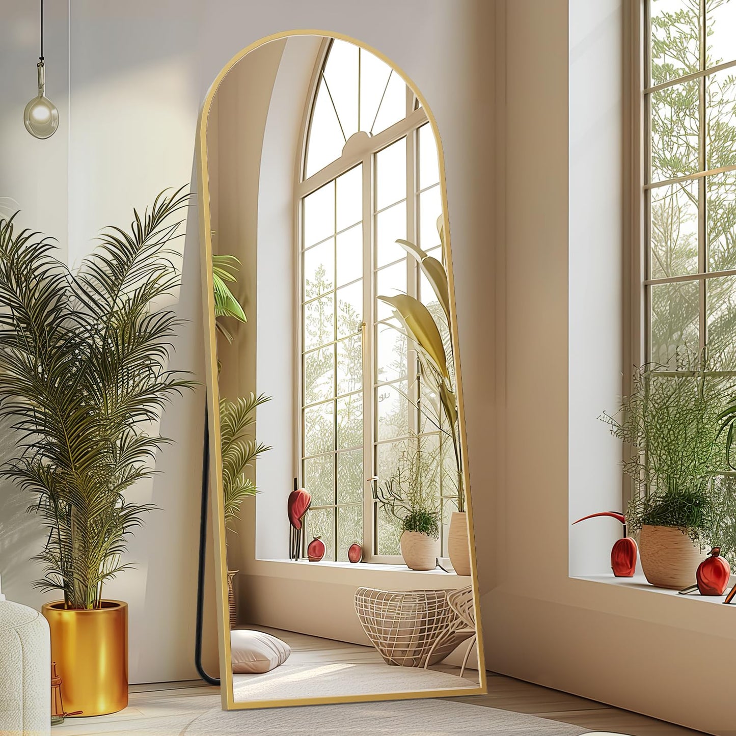 Sweetcrispy 64"x21" Arched Full Length Mirror, Leaning or Standing Full Body Mirror with Aluminum Alloy Thin Frame, Suitable for Bedroom or Cloakroom,Gold