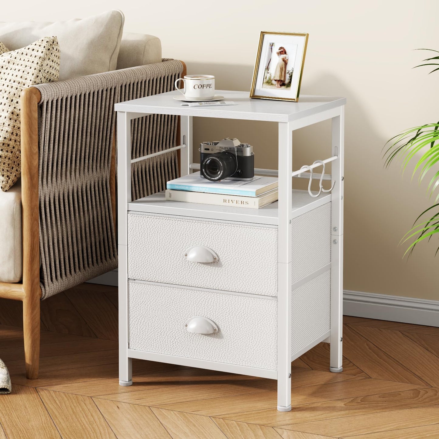 Furologee Nightstands Set of 2, End Table with 2 Fabric Drawers, Night Stand with 2 Hooks, Open Wood Shelf Bedside Table for Bedroom/Living Room/White