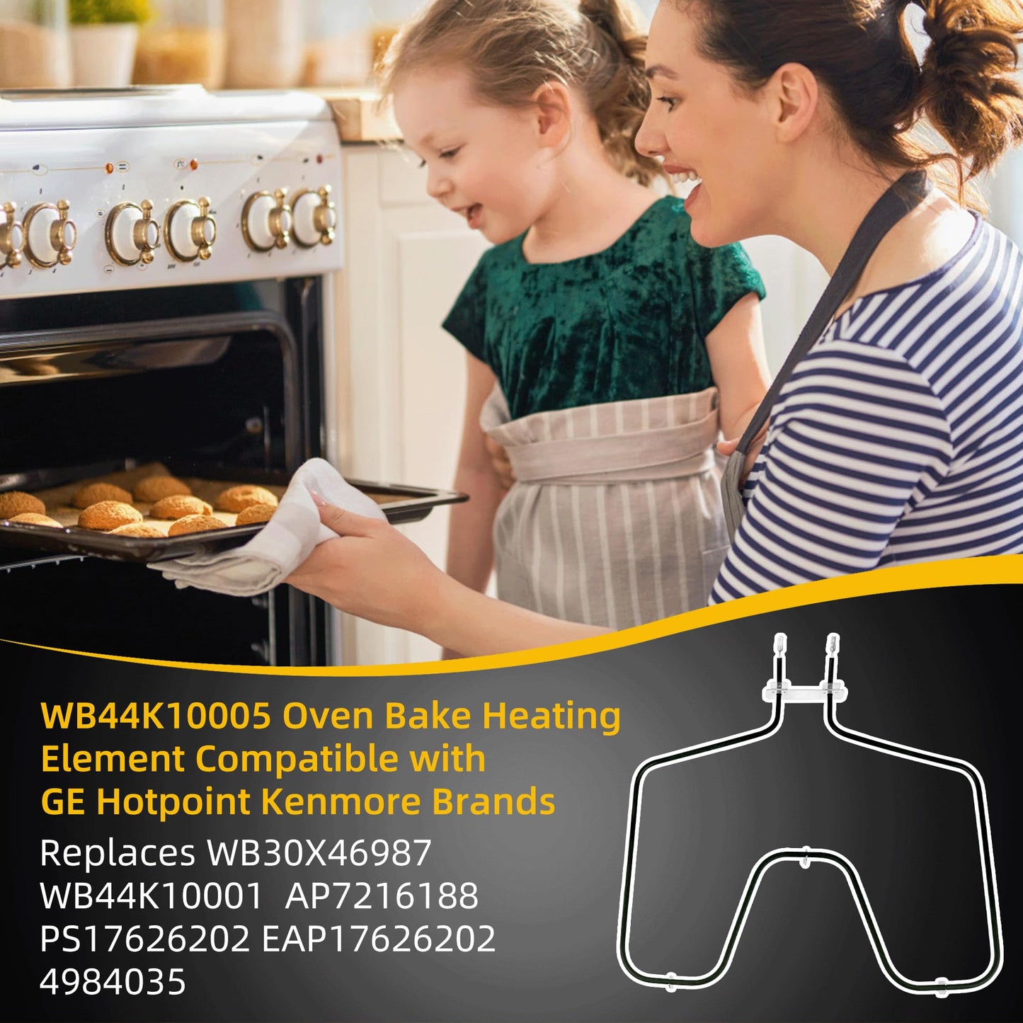 WB30X46987 Oven Bake Element for GE Hotpoint Kenmore WB44K10005 WB44K10001 RB757BH1WH RB787WH1WW RB526H3WW RBS360DM4BB JBP62WD3WW Oven Heating Element Replaces AP7216188 PS17626202 EAP17626202 4984035