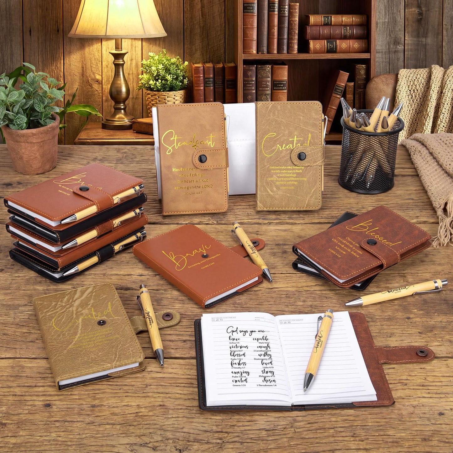 Spakon 40 Pcs Fathers Day Christian Gift Bulk Prayer Leather Journal Religious Inspirational Scripture Notebooks with Bible Verse Pens for Church Women Men Graduation (5 Colors)