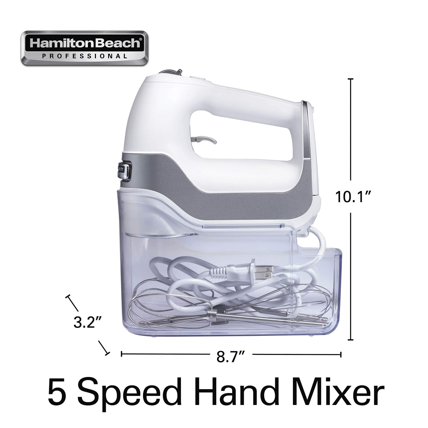 Hamilton Beach Professional 5-Speed Electric Hand Mixer with High-Performance DC Motor, Slow Start, Snap-On Storage Case, Stainless Steel Beaters & Whisk, White (62652)