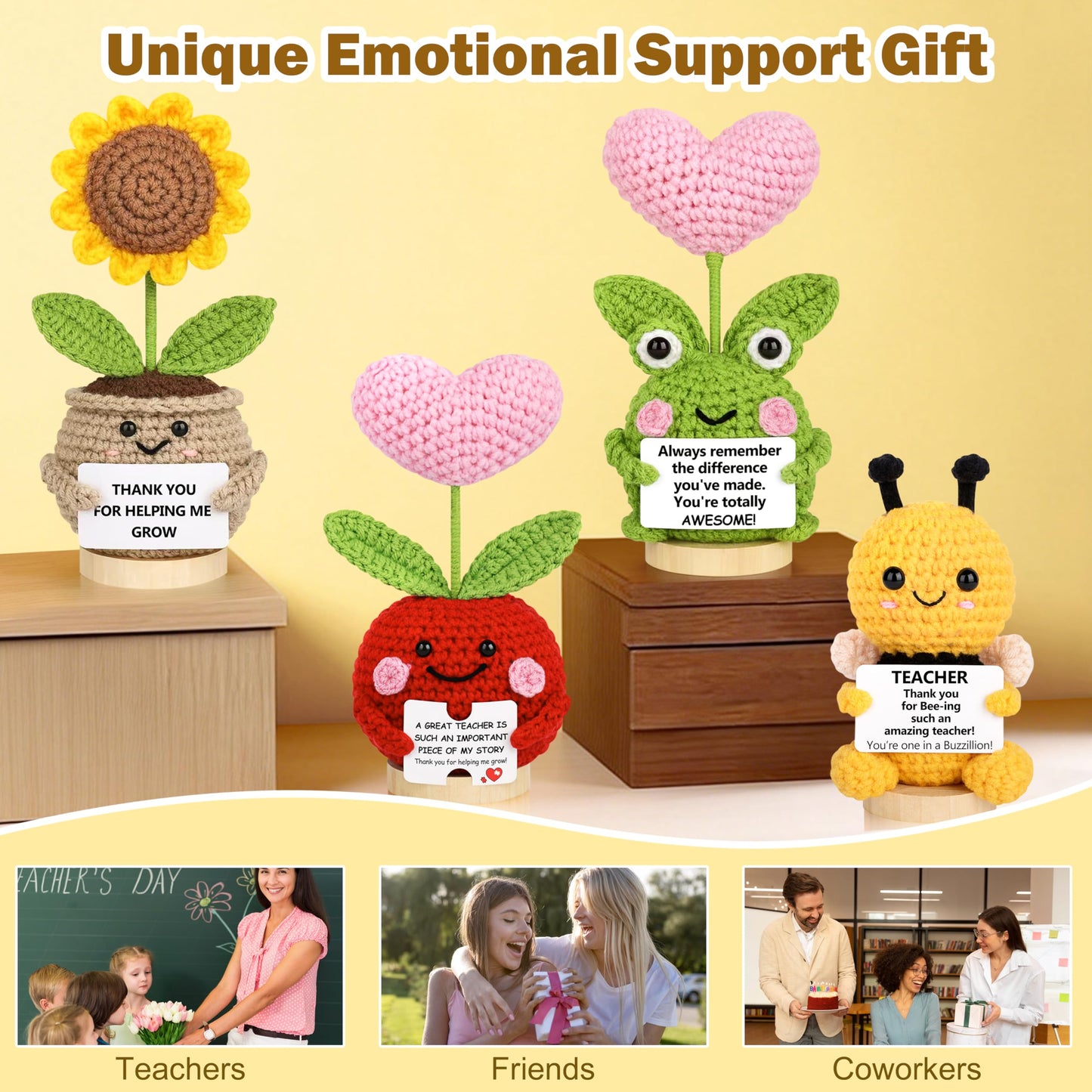 JoycuFF Teacher Appreciation Gifts in Bulk Positive Crochet Animals Teacher Gifts for Women Handmade Bee Frog Apple Sunflower Emotional Support Crochet Plants Gift for Teachers Coworker Friend Men