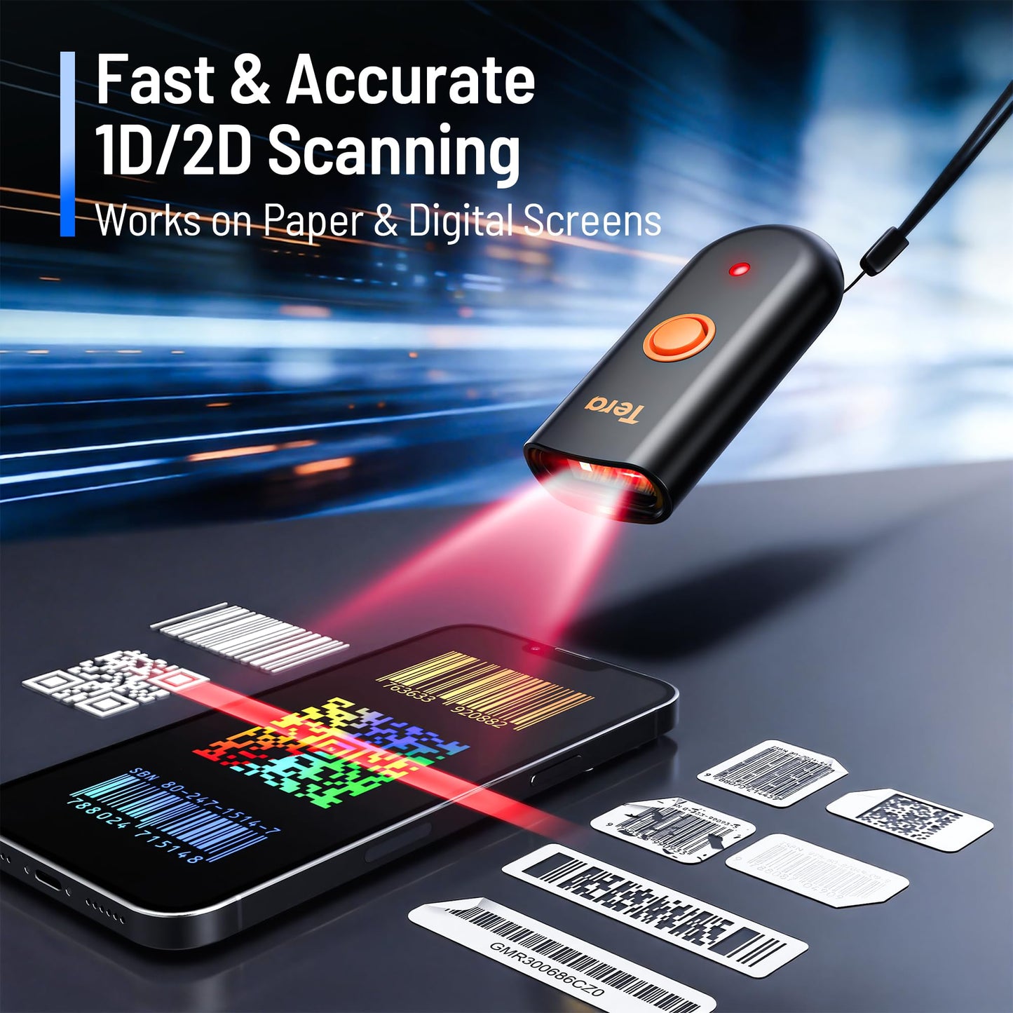 Tera Mini 1D 2D QR Wireless Barcode Scanner, Waterproof Shockproof Pocket Scanner, 3-in-1 BT & USB Wired & 2.4G Bar Code Reader Portable Image Scanner Work with iOS Windows Android 1200