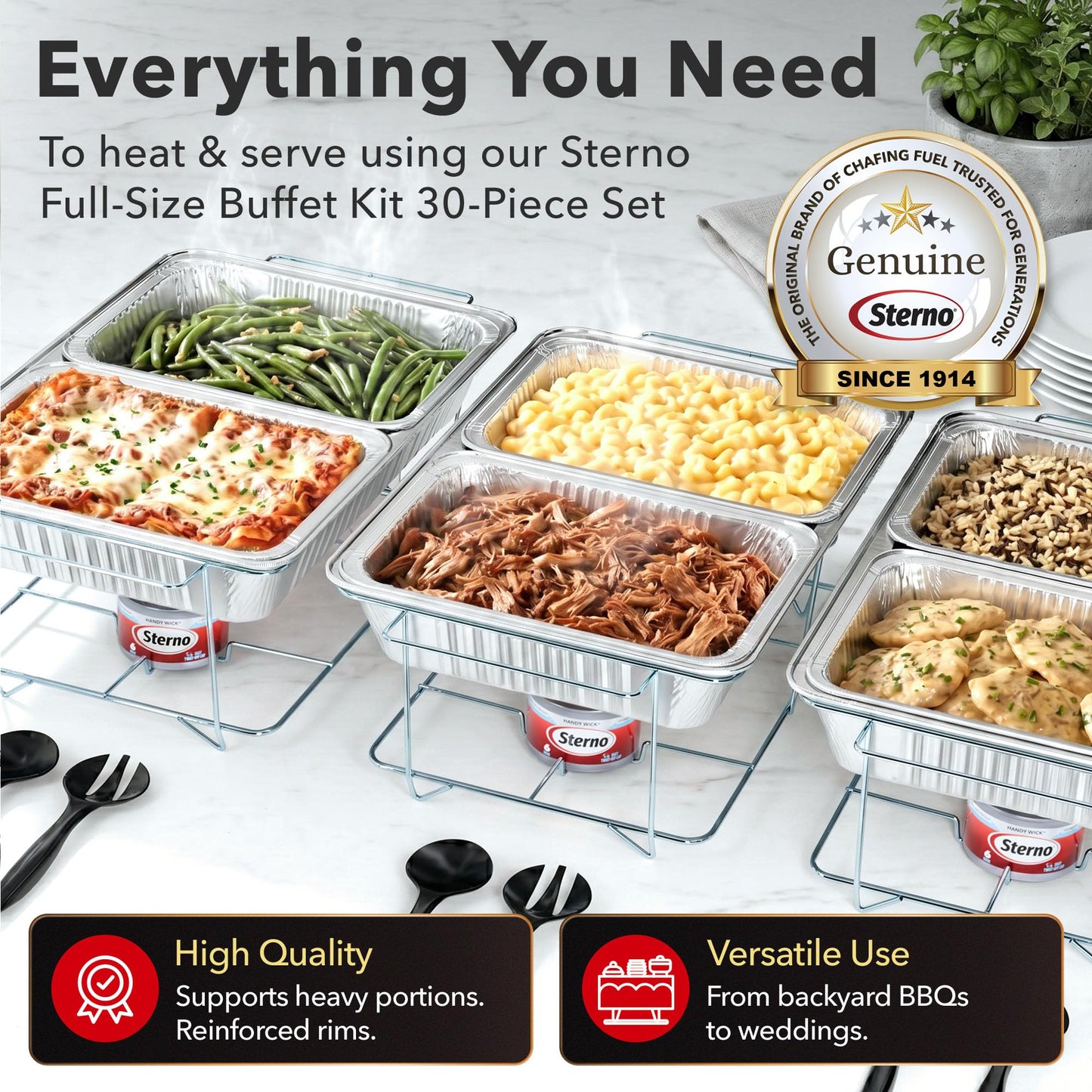 Sterno Disposable Chafing Dish Buffet Set, 6-Hour Food Warmers for Parties, Catering Supplies, Complete Buffet Set, Warming Trays (30pcs)