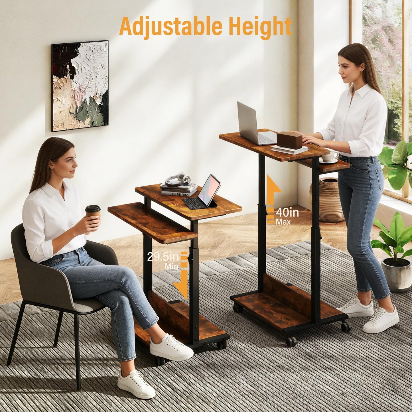 Funecy Small Standing Desk with Wheels,Small Mobile Computer Desks Adjustable Height, Portable Standing Office Desks,Computer Workstation for Home Office(Rustic Brown)