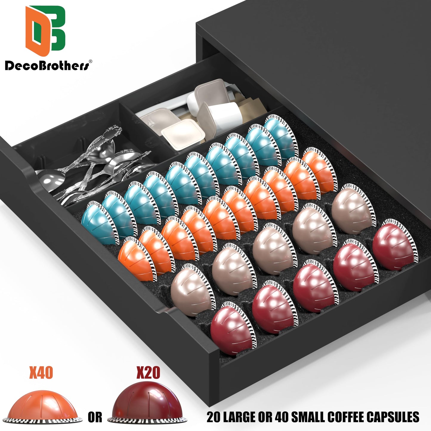 Deco Brothers Vertuoline Pod Holder Drawer with Adjustable Divider, Compatible with Nespresso 40 Small or 20 Large Capsules Coffee Bar Station, Wood Top Stand with Side Storage for Accessories, Black