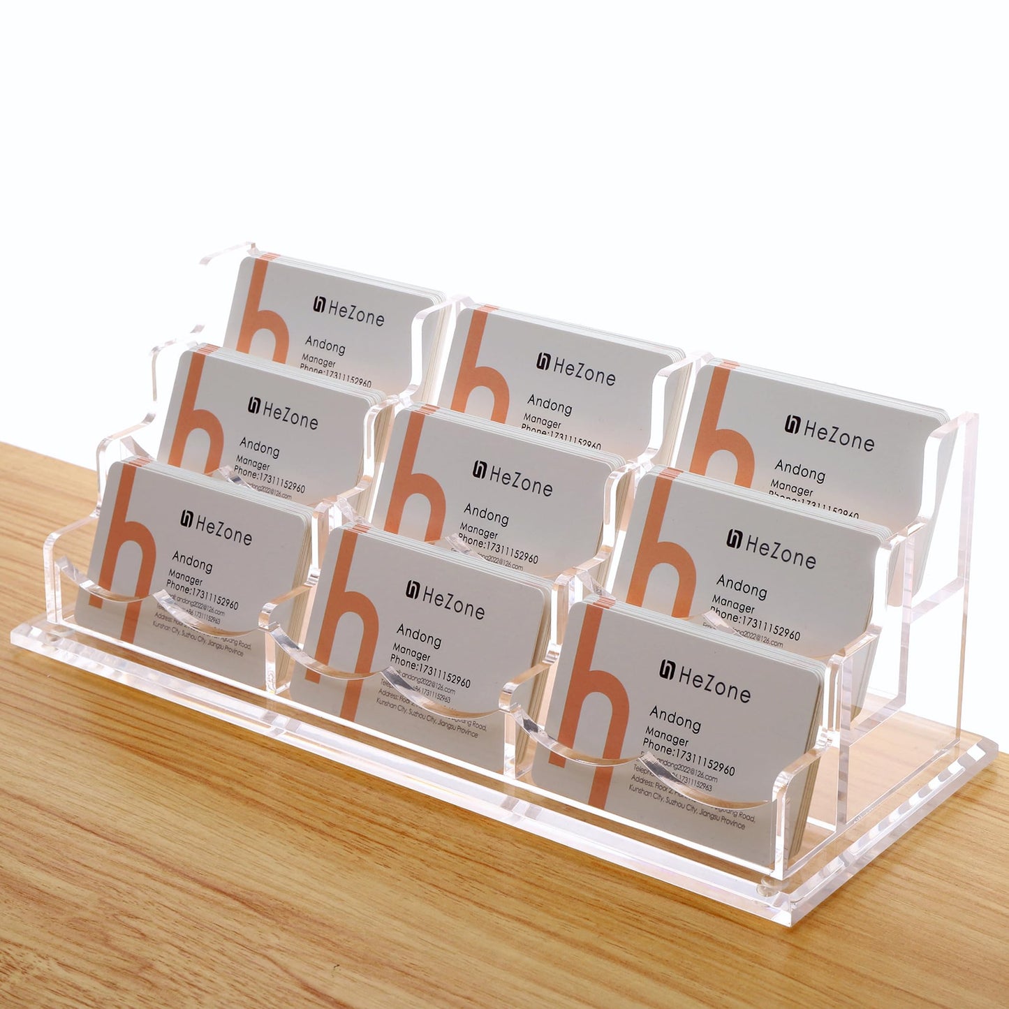 HeZone Business Card Holder for Desk, Multiple Cards Display Stand Rack for Women and Men, Clear Acrylic Card Organizer 9 Slot 3 Tiers