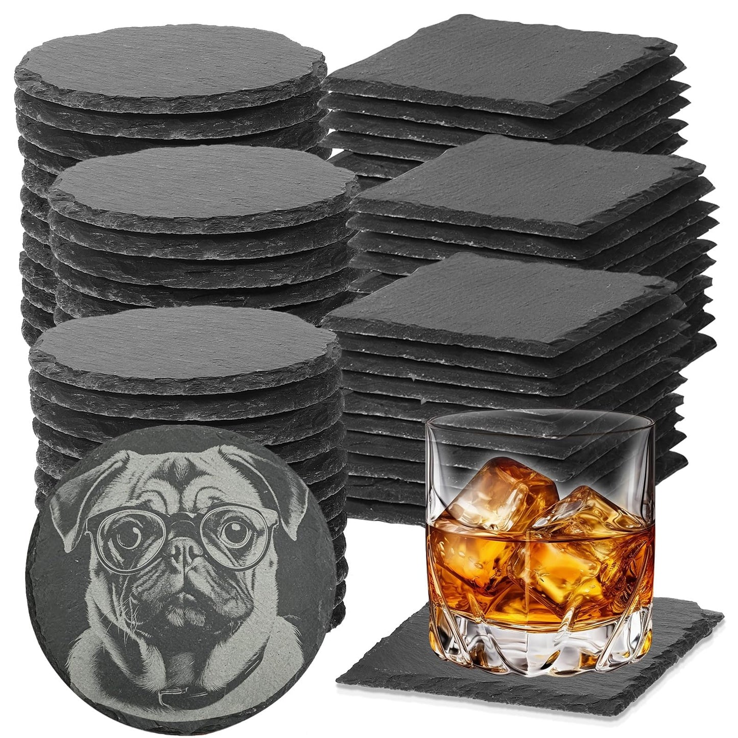 72pcs Slate Coasters Black 4 Inch Bulk Blank Rock Coasters Blank Laser Engraving, Hand Painted DIY, Scratch Resistant Bottom (36*Square+36*Round)
