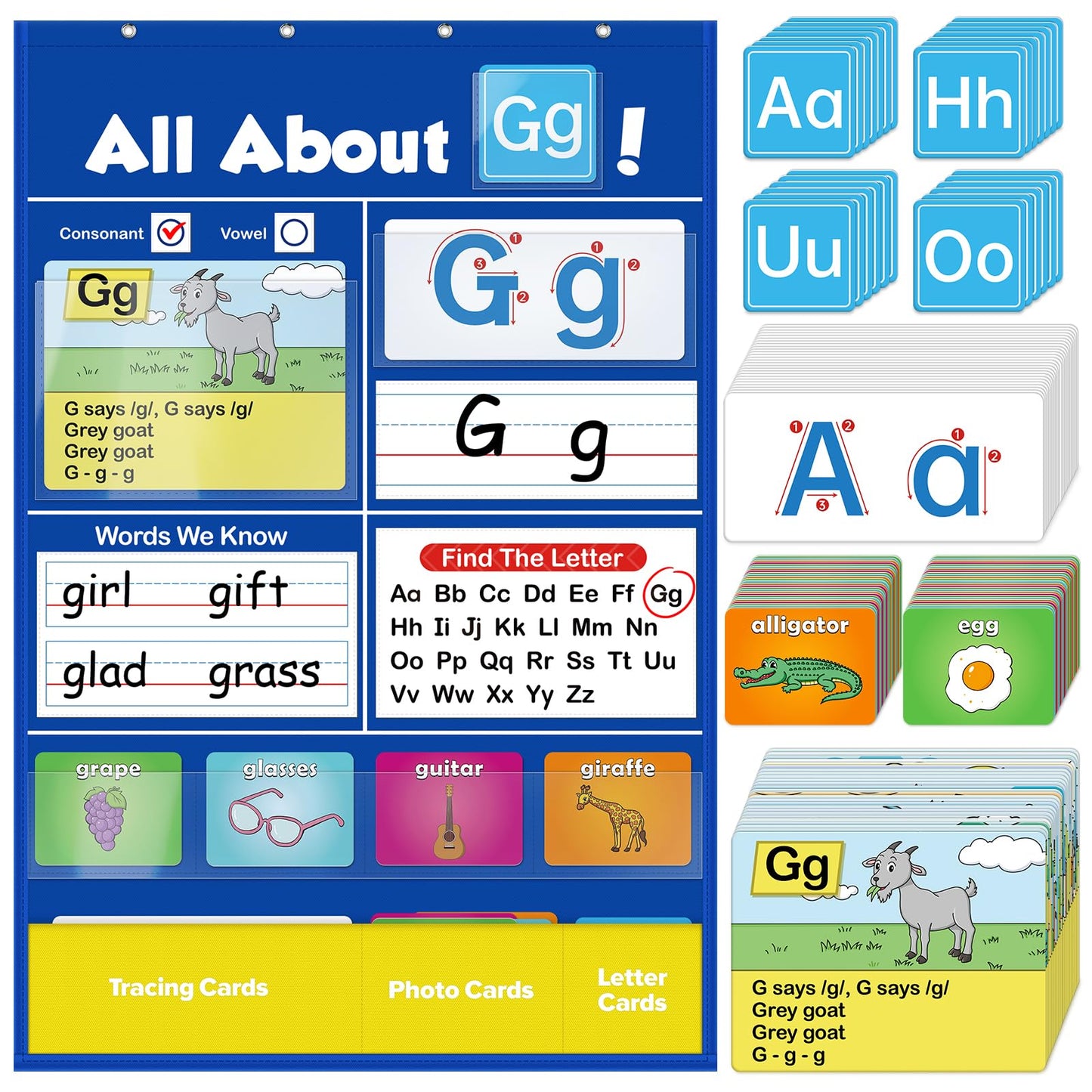 SkilLify Alphabet Learning Pocket Chart, Circle Time Learning Center Alphabet Flash Cards ABC Wall Chart Letter Game for Toddler Kids Homeschool Supplies Preschool Kindergarten Classroom Must Haves