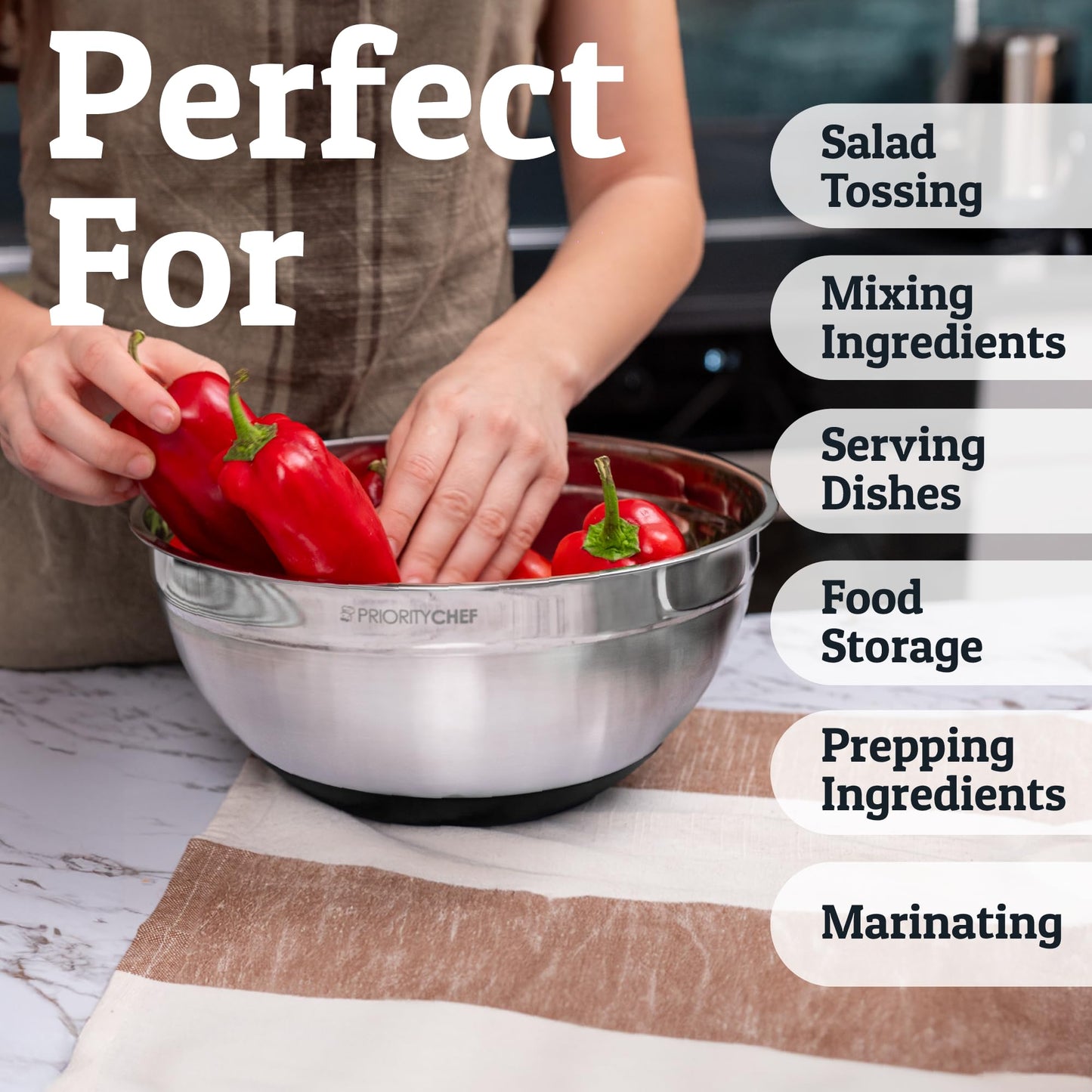 Priority Chef 6Pc Large Mixing Bowls With Lids Set with Non-Slip Bases, Stainless Steel Mixing Bowl Set, 6 Airtight Lids and 3 Graters, Black