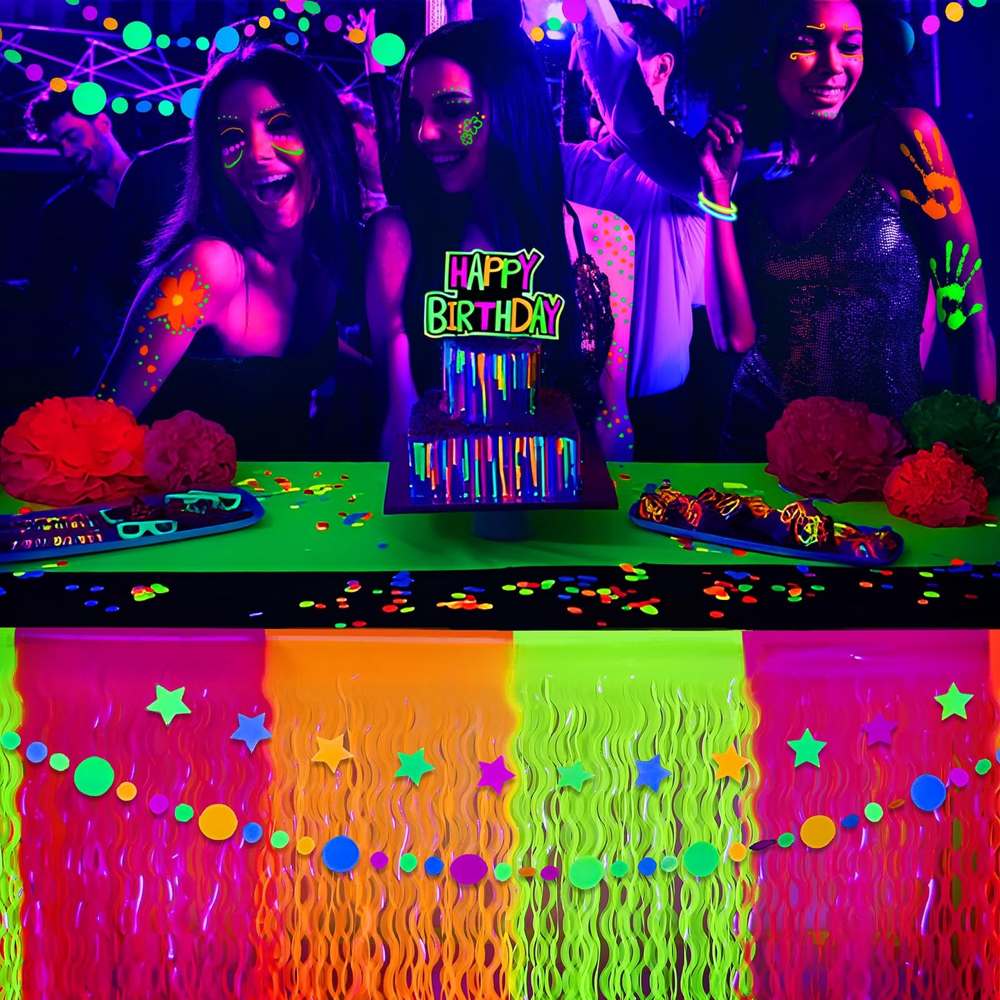 Mega-L Glow in The Dark Party Supplies, 4 Pack Neon Party Decorations Fluorescent Macaron Orange, Yellow and Fuchsia Wavy Metallic Tinsel Foil Fringe Table Skirt, Perfect Glow Birthday Party Decor