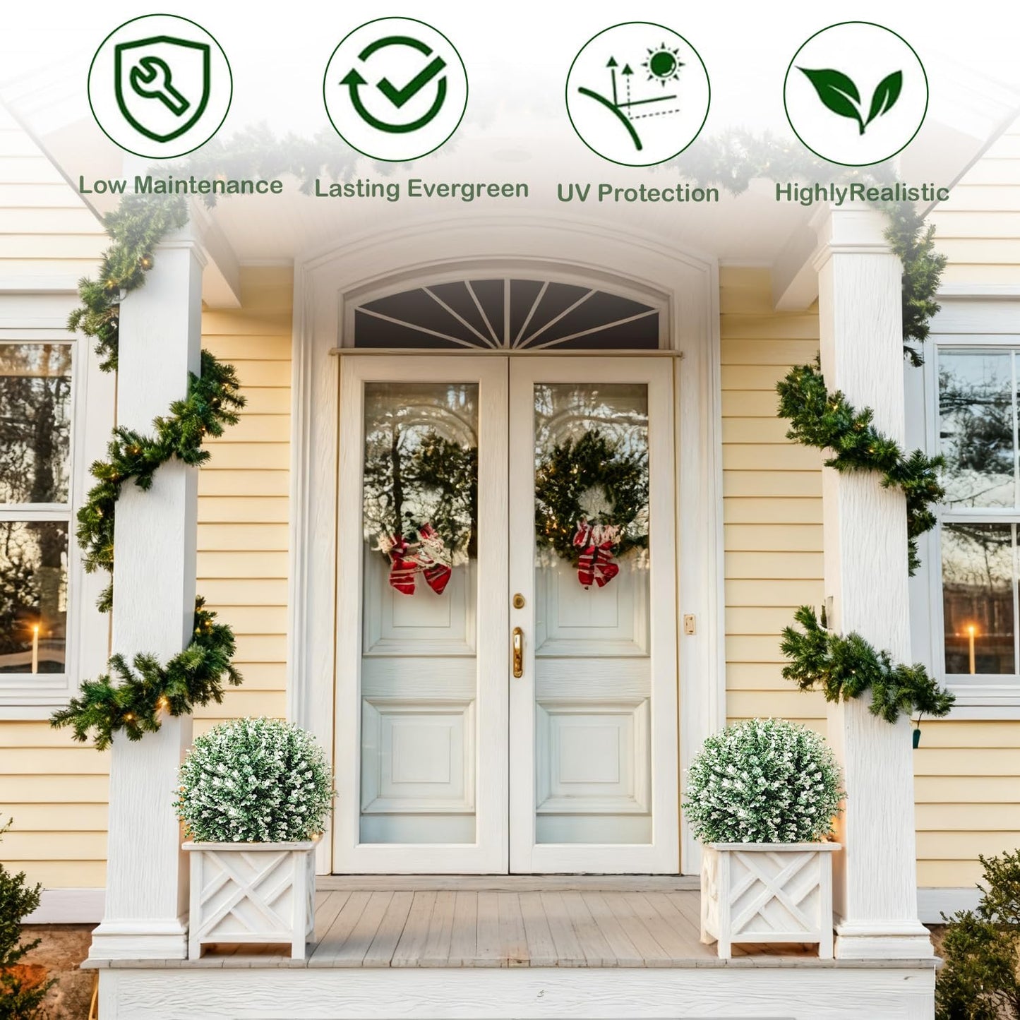 24.5" Artificial Boxwood Topiary Ball Trees with Spikes – Fake Bushes Eucalyptus Shrubs 2 Pack, UV Resistant Faux Plants Foliage for Outdoor Planters Porch Garden Indoor Office, Spring Decor – White