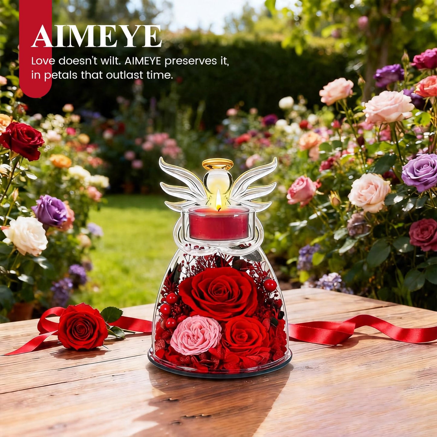 Agrul Mothers Day Roses Gifts for Mom Women,Preserved Real Flowers Roses in Glass Angel Figurines Candle Holder with Tealight Candle Holder/Red