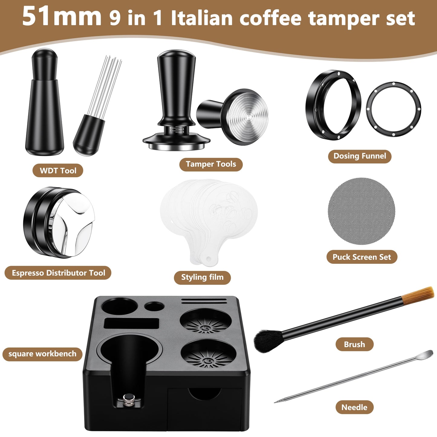 9 Pack Espresso Accessories Kit（Square）,54mm Espresso Tool Kit | Espresso Tamping Station | Coffee Distributor Tamper | WDT Tool | Dosing Funnel | Mother's Day Gift for Espresso Lovers