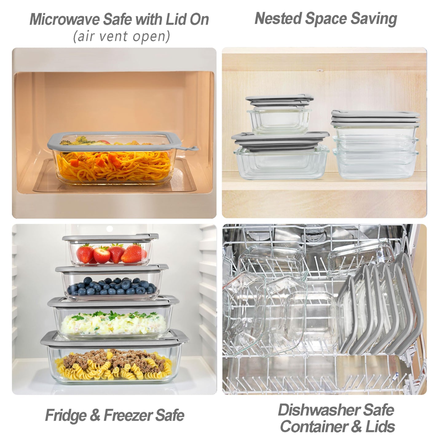 EcoEvo Glass Food Containers with Glass Lid, Microwave Safe Food Storage Container Set, 4 Pack, Airtight Storage Set with Leak Proof Lids, Meal Prep Containers