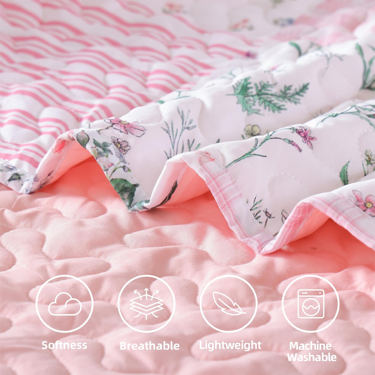 YIKUSH Floral Quilt Set King Size – Ultra Soft Lightweight Bedspread, 3 Piece Pink Bedding Set (104"x90") with Pillowcases (20"x36"), All Season Coverlet for Bedroom & Guest Room