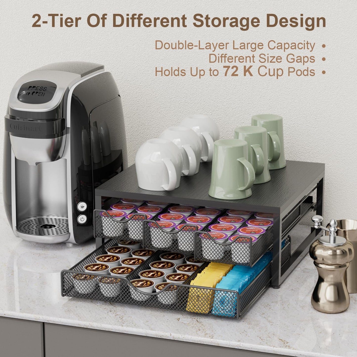 Coffee Pod Holder For Counter, 3 Pull-Out 72 K-Cup Holder Drawer, Wooden Cafe Pods Storage Organizer with Sliding Drawers for Coffee Station, Home, Kitchen, Office, Dorm (Black)