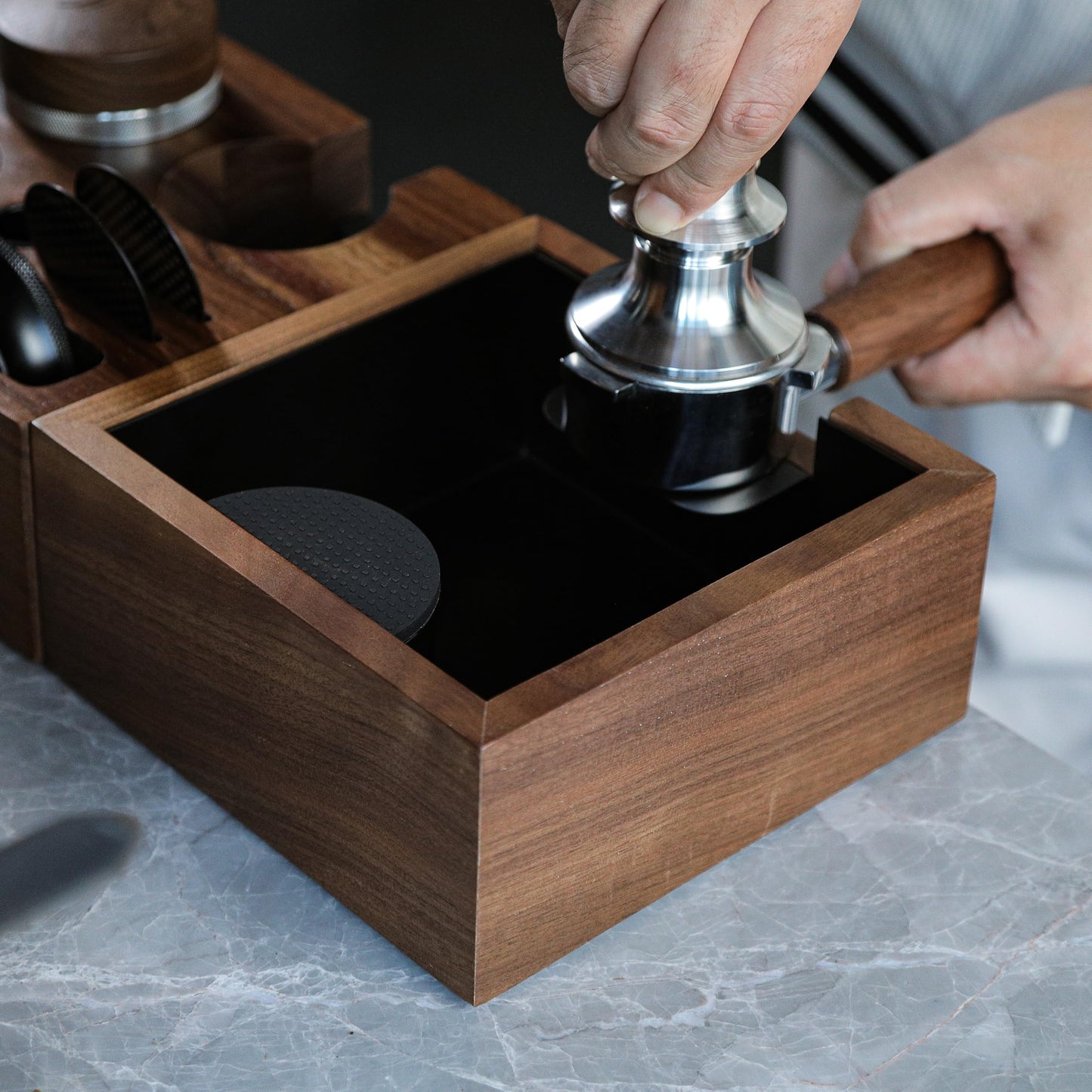 KNODOS Wooden Espresso Knock Box Walnut Dump Bin for Coffee Grounds Disposal Durable, Shock-Absorbent Espresso Machine Accessories, Easy to Clean Tamper Station