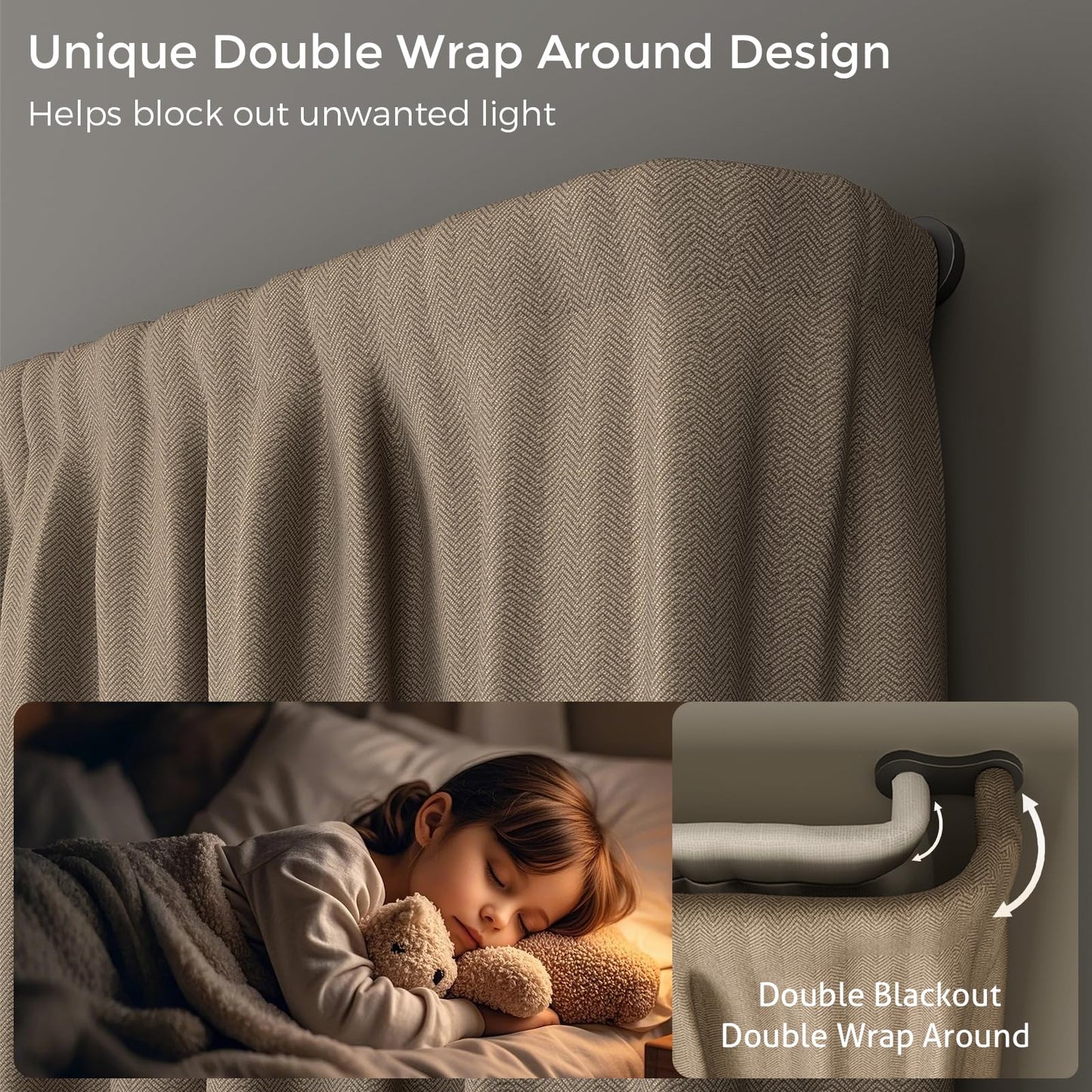 Black Long Double Curtain Rod 34-124 Inch, Wrap Around Blackout Dual Curtain Rods for Windows, Adjustable Heavy Duty Curved Spliced Room Darkening Double Rods, All Metal, Aluminium Bracket